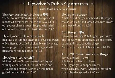 Menu at Llywelyn's Pub, Webster Groves, 17 W Moody Ave