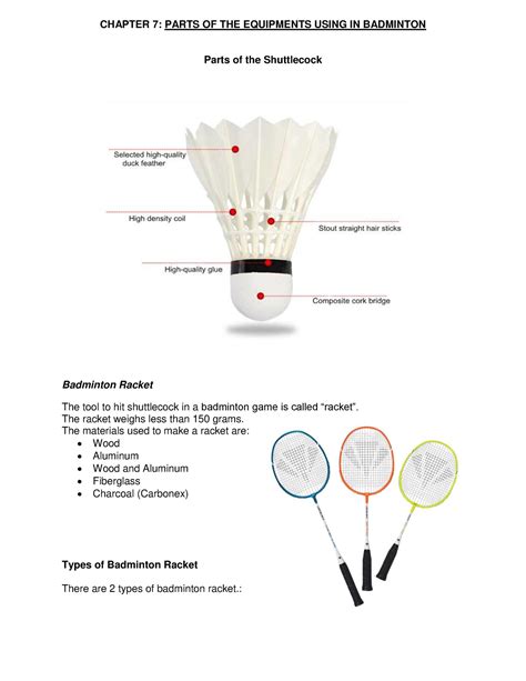 Chapter 7 - Parts OF THE Equipments Using IN Badminton - CHAPTER 7: PARTS OF THE EQUIPMENTS ...