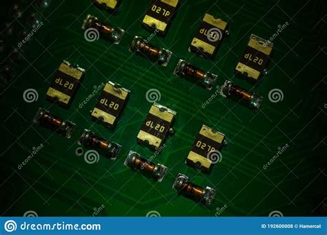 Macro Close-up Shot of Green Circuit Board, Computer Motherboard Components: Microcircuits ...