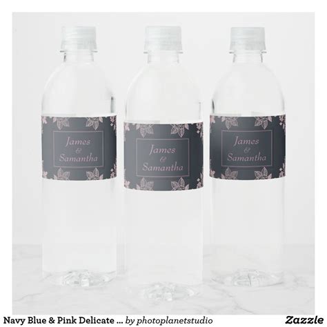 Navy Blue & Pink Delicate Rose Border | Wedding Water Bottle Label | Zazzle.com | Water bottle ...