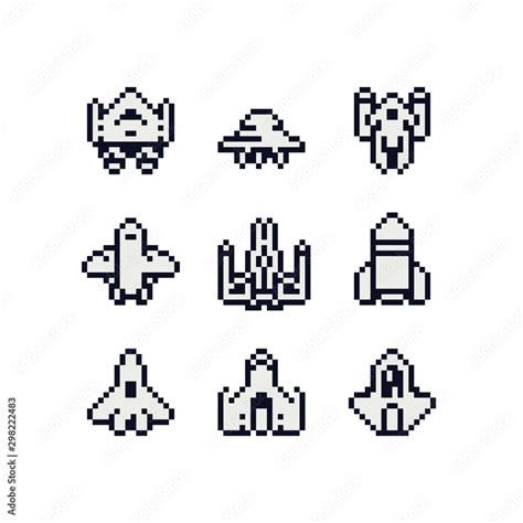 Ufo spaceship pixel art icon set. Cute spacecraft logo for game. Design for sticker, mobile app ...