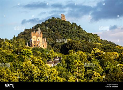 Drachenfels mountain, castle ruin and castle Drachenburg, Siebengebirge, 7-Mountain area, Rhine ...