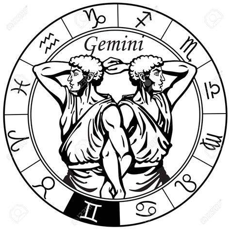 gemini astrological horoscope sign in the zodiac wheel. Black and white ...