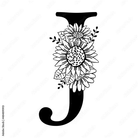 Monogram letter J. Floral letter design with flowers sunflowers ...