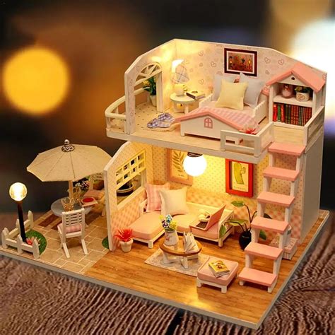 DIY Doll House Pink Attic Handmade Educational Cottage Without Dust proof Cover dollhouse ...