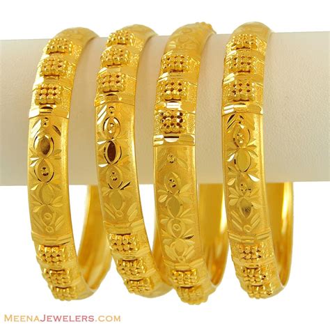 21K Gold Bangles Set - BaSt8755 - 21Kt Gold Bangles (set of 4) with diamond curs and frosty ...