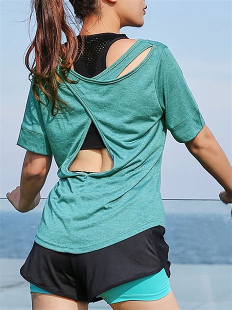 SAYFUT Women's Dry Fit Athletic Shirts Short Sleeve Mesh Tops Active T Shirt with Open Back L ...