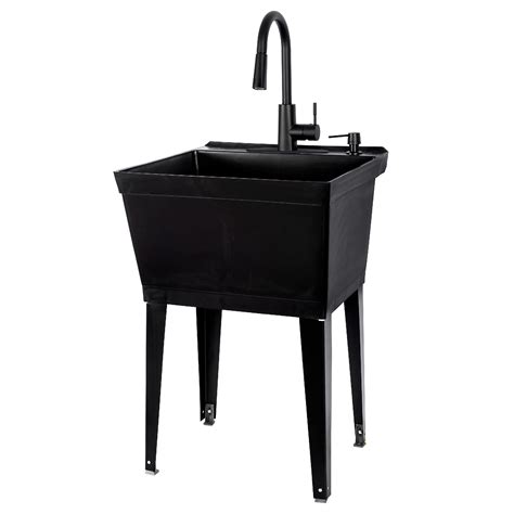 Buy All Black Utility Sink with High Arc Black Kitchen Faucet By VETTA, Pull Down Sprayer Spout ...
