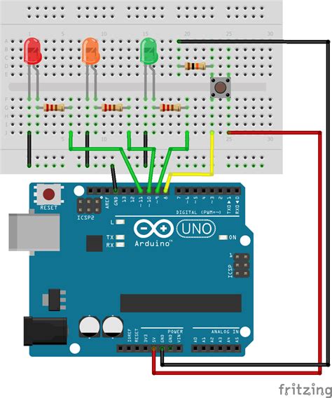 Pilotez 3 leds avec Arduino et un bouton • AranaCorp