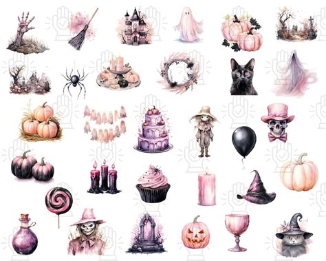 Pink Halloween Watercolor Clipart Collection PNG Bundle - Etsy