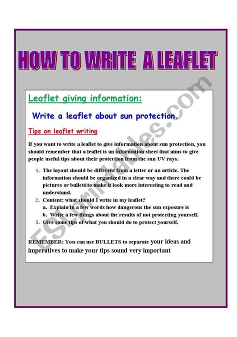 HOW TO WRITE A LEAFLET ABOUT SUN PROTECTION - ESL worksheet by elpida pap