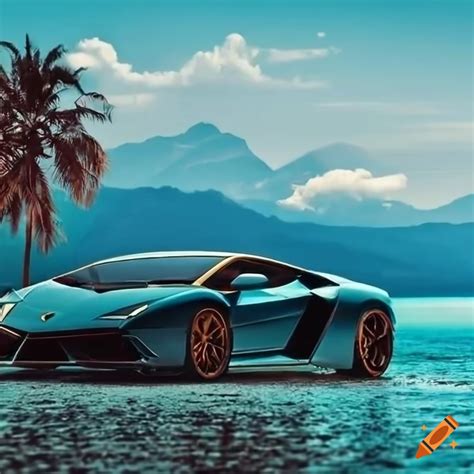 A lamborghini car on the beach, palm trees on the sides and mountains in the background
