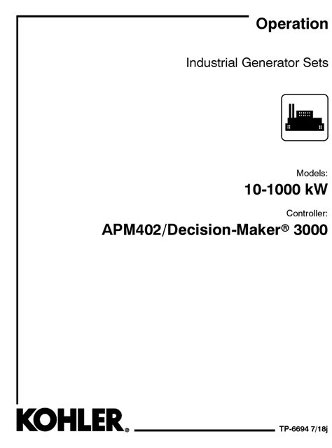 KOHLER INDUSTRIAL GENERATOR SET OPERATION MANUAL Pdf Download | ManualsLib