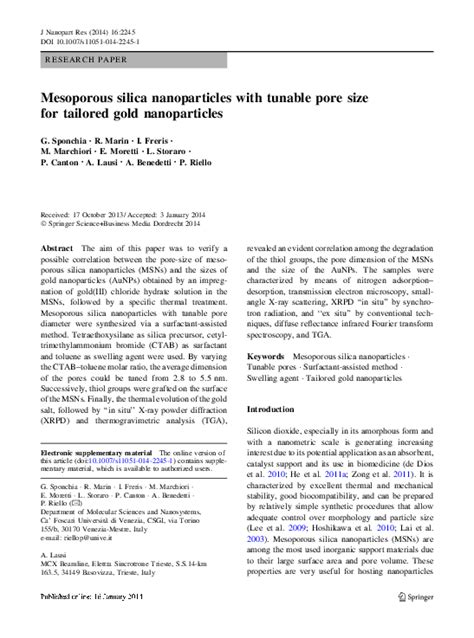 (PDF) Mesoporous silica nanoparticles with tunable pore size for tailored gold nanoparticles ...