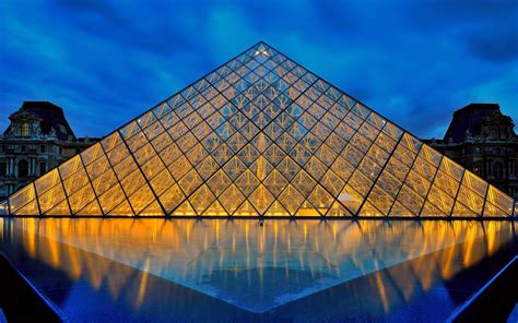 Louvre museum pyramid lighted in night Wallpaper Download 5120x3200