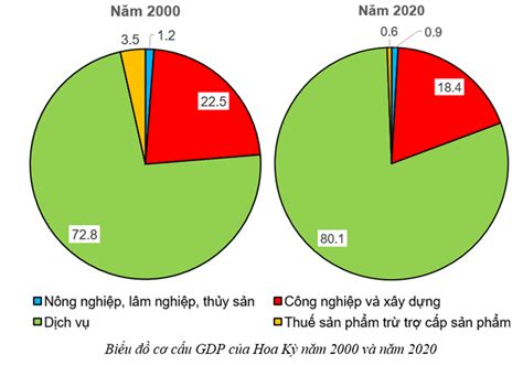 Dựa vào bảng 19.2, vẽ biểu đồ cơ cấu GDP của Hoa Kỳ năm 2000 và năm 2020