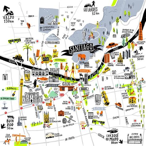 Santiago, Chile - Mathias Sielfeld - Mapsy | Ilustrações com mapas, Mapa turístico, Mapas ilustrados