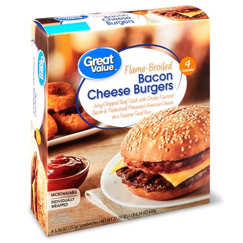 Great Value Flame-Broiled Bacon Cheese Burgers, 22.24 oz, 4 Count ...