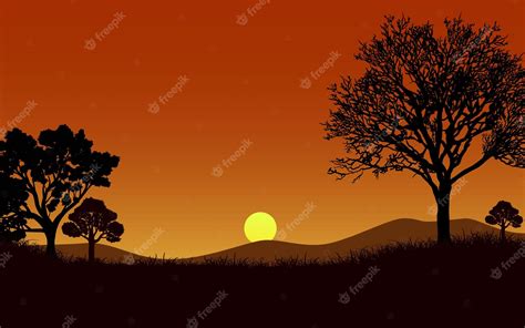 Premium Vector | Sunset landscape scene with silhouette trees and forest background02