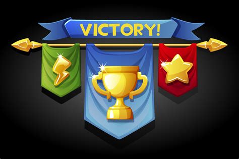 Victory banners, flags with golden cup icons for game assets. Vector illustration of pop-up ...