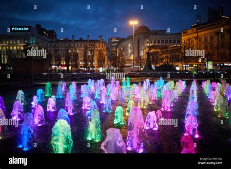 MANCHESTER City Centre, Piccadilly Gardens landmark water fountain ...