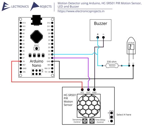 Motion Detector using Arduino, HC-SR501 PIR Motion Sensor, LED and Buzzer - Electronics Projects