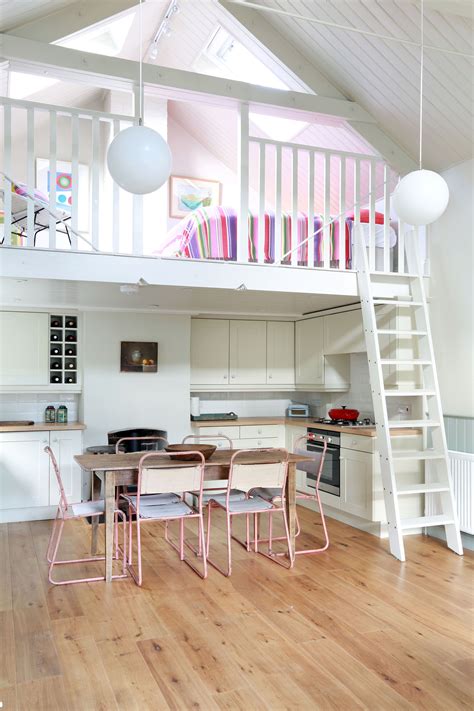 Kitchen with mezzanine floor above. | Loft room, Bedroom design, Mezzanine floor