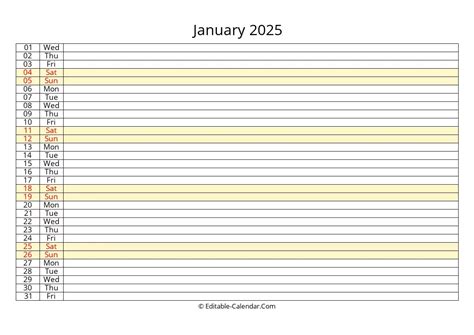 Download Lined January Calendar 2025, weeks start on Sunday