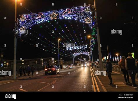 A donation collection point with 'thank you' in lights at Blackpool ...