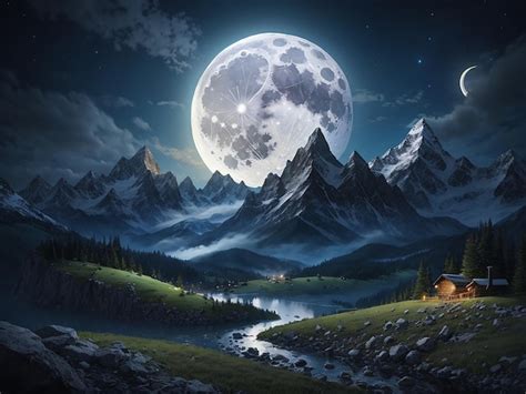 Premium Photo | Mountain night landscape with full moon