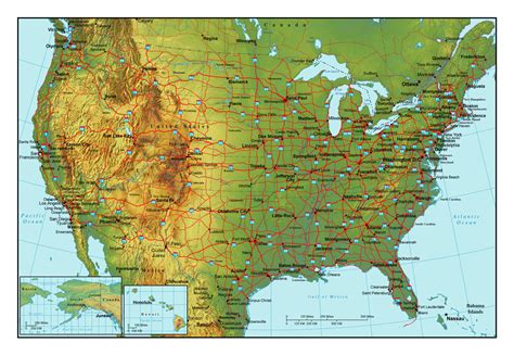 Topographical map of the USA with highways and major cities | USA ...