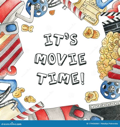 It`s Movie Time Watercolor Hand Drawn Illustrations for Cinema Topic in ...