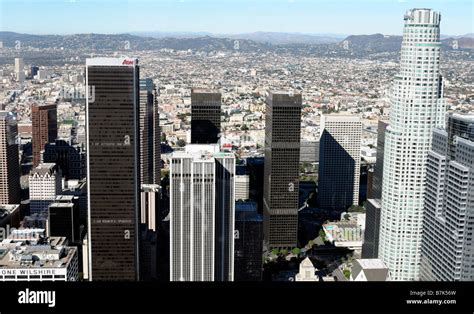 aerial view of downtown los angeles city skyline skyscrapers tall ...