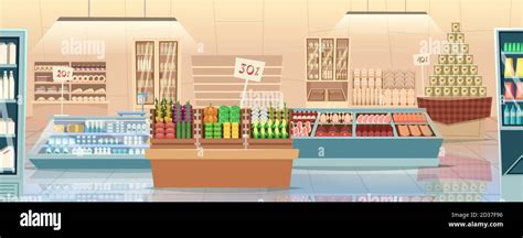 Supermarket cartoon. Products grocery store food market interior vector ...