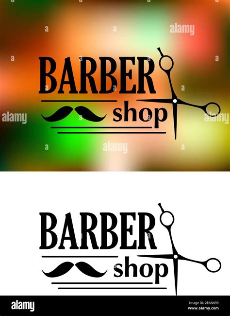 Black and white retro barber shop emblem or logo with moustache, scissors and the text BARBER ...