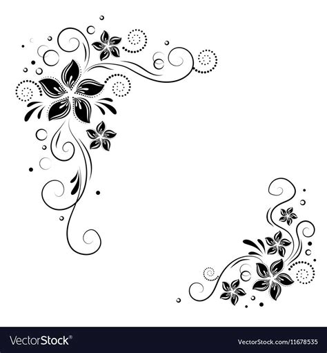 Floral corner design. Ornament black flowers on white background - vector stock. Decorative ...