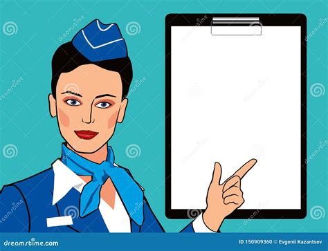 Pop Art Mockup Stewardess And Blank Sheet For Text. Beautiful Girl In Uniform Points Finger ...