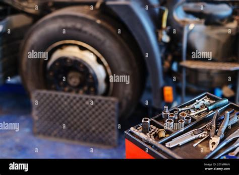 Close up of tools used in car workshop. Repairing and manufacturing ...