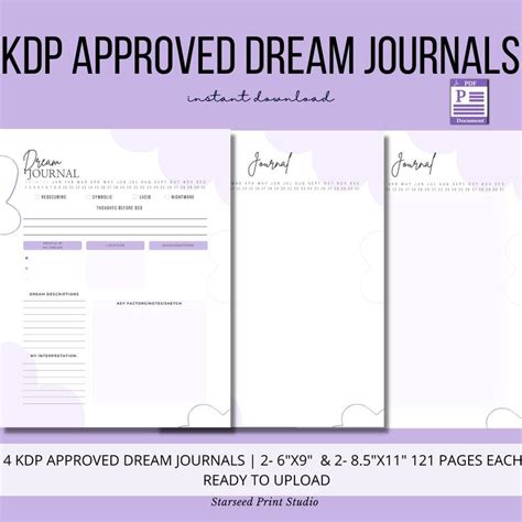 Four Approved KDP Dream Journal Template Two 6x9 & Two 8.5 121 Pages ...