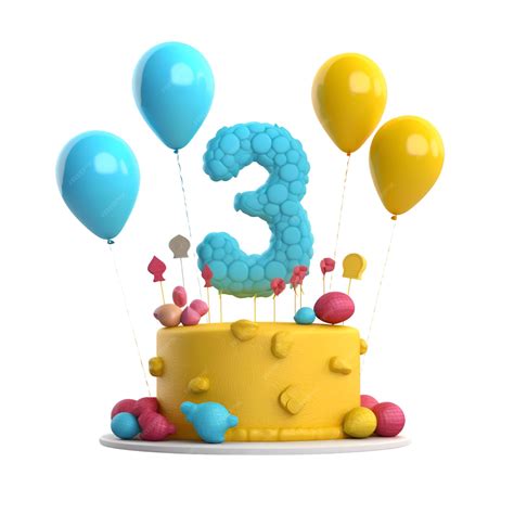 Premium AI Image | Number 3 birthday cake with balloons and sprinkles isolated on white background