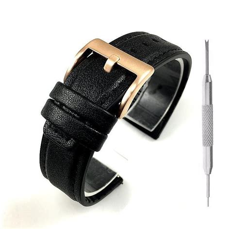 Black Leather Watch Strap Rose Gold Steel Buckle #1526-20