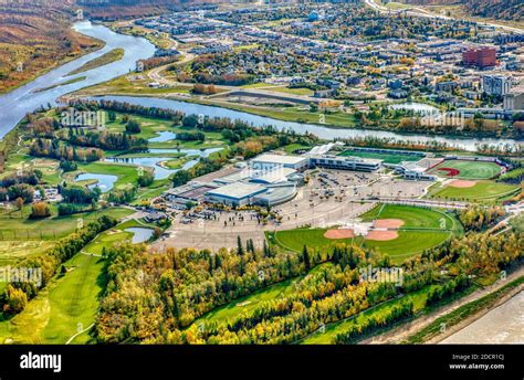 Aerial photo of MacDonald Island Park and Miskanaw golf course on MacDonald Island with Fort ...