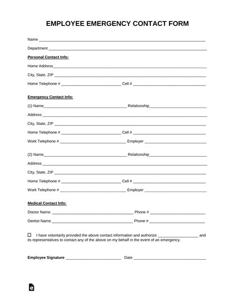 Printable Employee Emergency Contact Form Template - Printable Forms ...