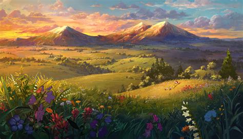 Wallpaper : fantasy art, grass, flowers, mountains, digital art ...