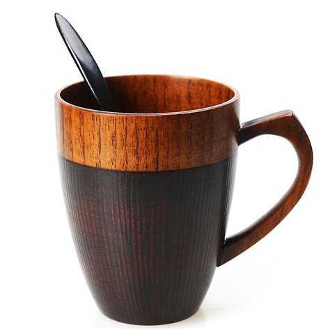 Cool Coffee Mug, Handmade Wood Coffee/Tea Cup 11 OZ with Spoon for Men/Women, Best Eco-friendly ...