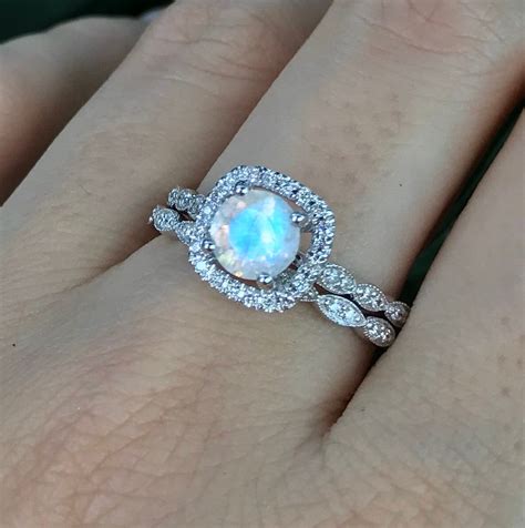 Moonstone Vintage Bridal Ring Set- Round Moonstone Engagement Ring Set ...