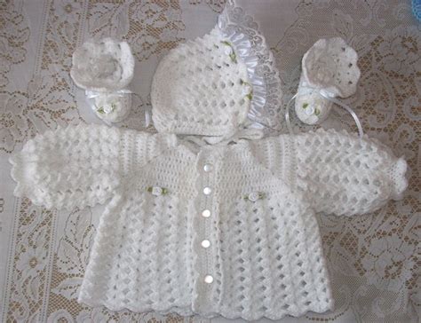 Crochet Baby Girl White Sweater Set Bonnet and Booties