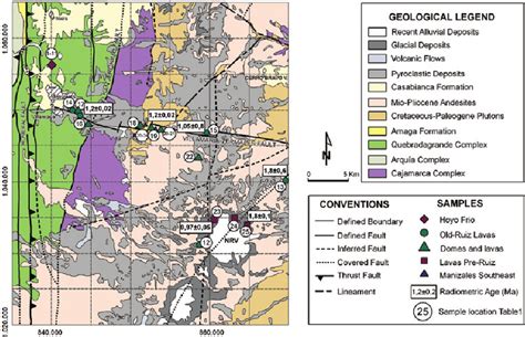 Geological Map of the Nevado del Ruiz Volcano area, sample location and ...