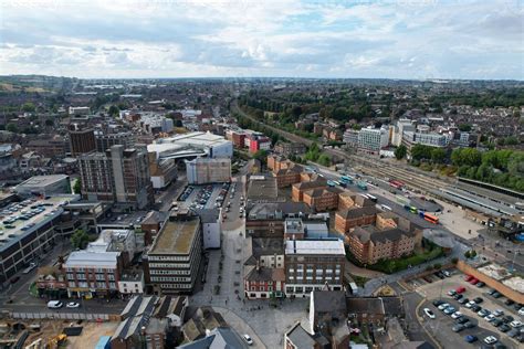 Luton City Centre and Local Buildings, High Angle Drone's View of Luton City Centre and Railway ...