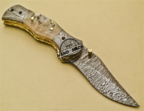 Custom Handmade Damascus Steel Pocket Folding Knife With Sheep